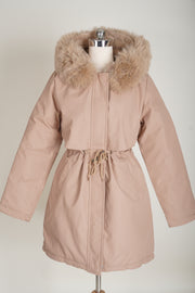 מעיל דגם פארקה עם פרווה - צבע ורוד